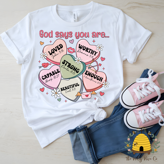 God Says Conversation Hearts Kids Graphic Shirt