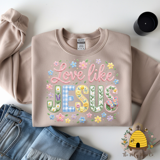 Love Like Jesus Faux Embroidery Adult Graphic Shirt