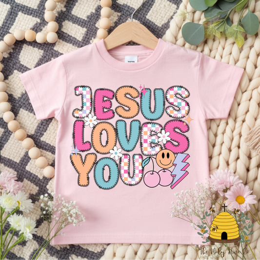 Jesus Loves You Faux Embroidery Kids Graphic Shirt