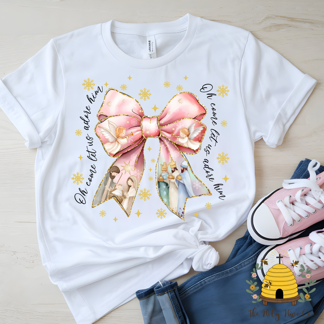 Oh Come Let Us Adore Him Bow Kids Graphic Shirt