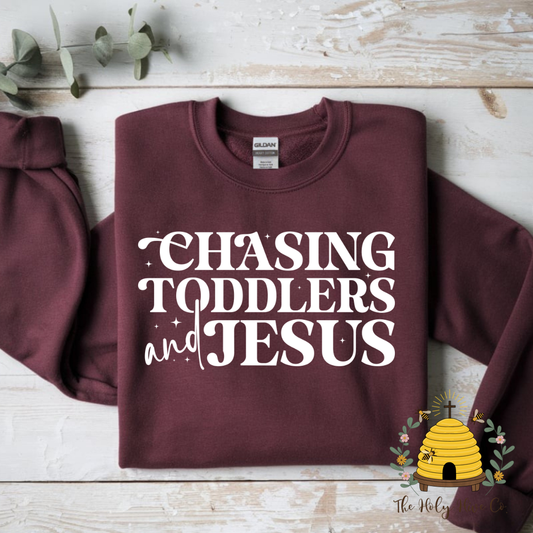 Chasing Toddlers and Jesus Adult Graphic Crew Neck Sweatshirt