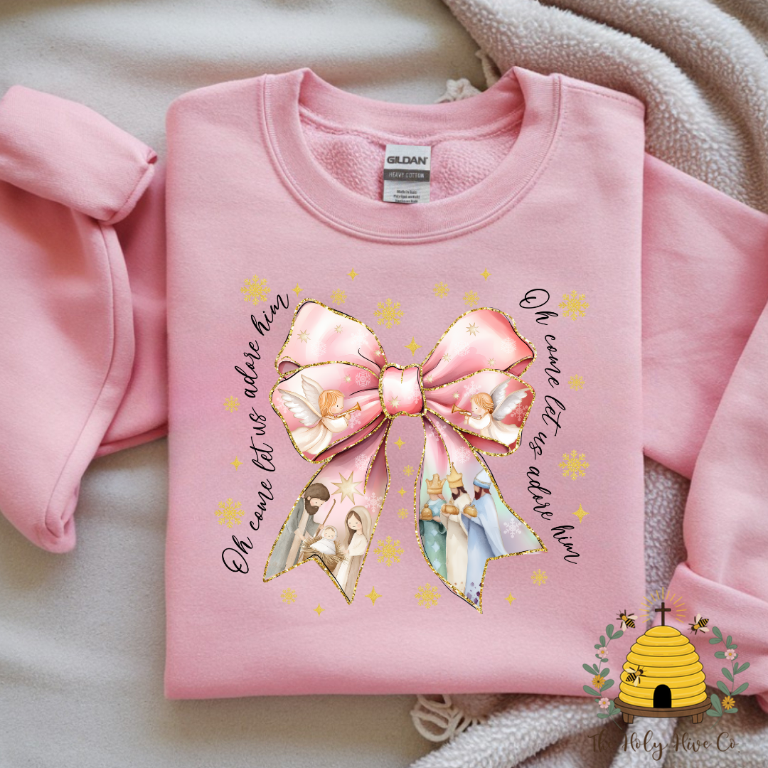 Oh Come Let Us Adore Him Bow Adult Graphic Shirt