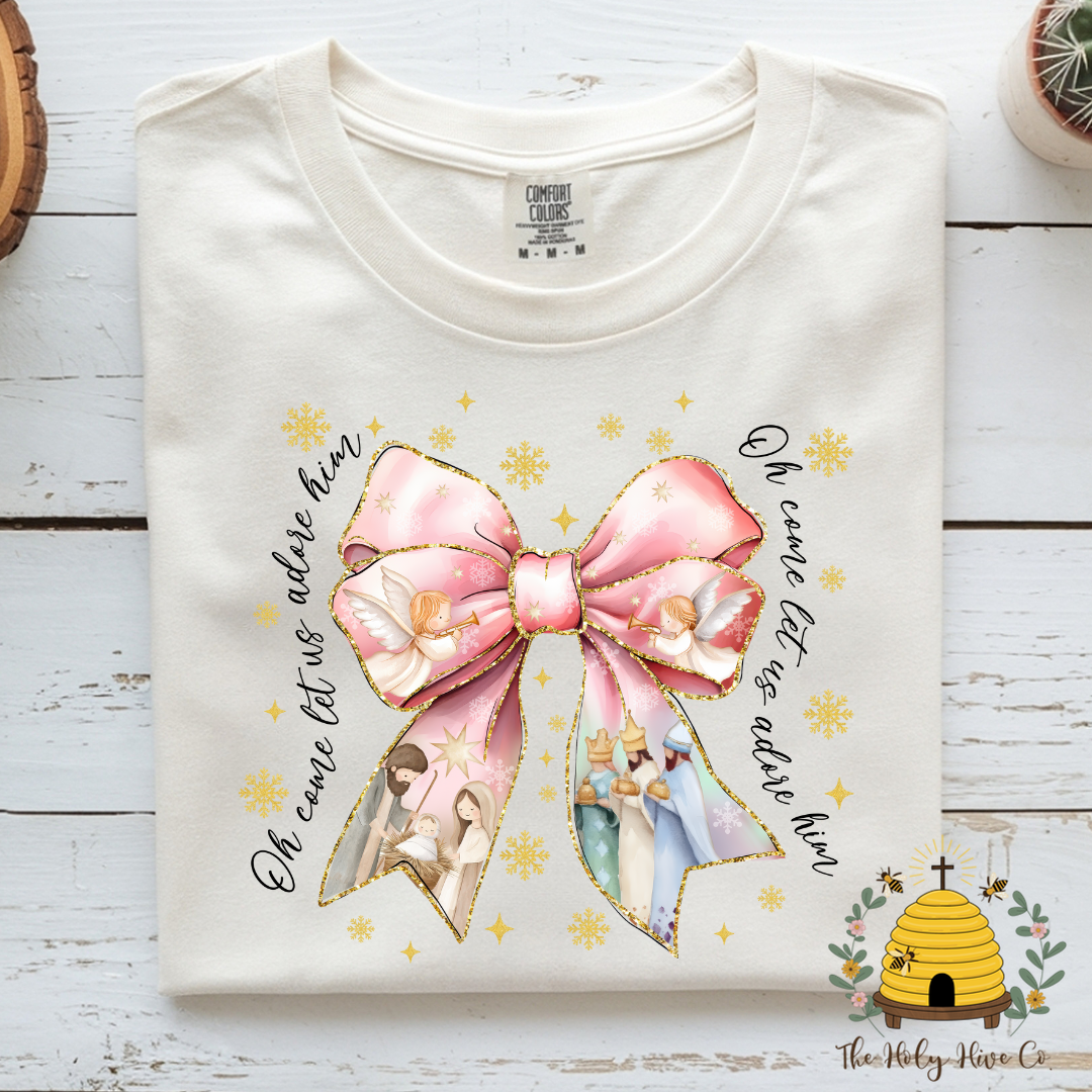 Oh Come Let Us Adore Him Bow Adult Graphic Shirt
