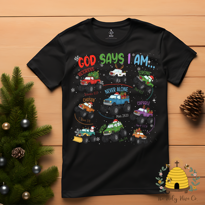 God Says Christmas Monster Trucks Kids Graphic Shirt