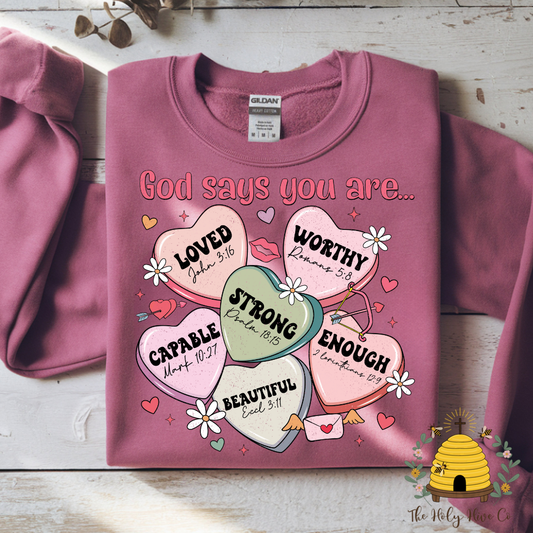 God Says Conversation Hearts Adult Graphic Shirt
