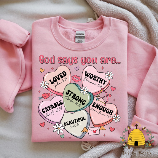 God Says Conversation Hearts Adult Graphic Shirt