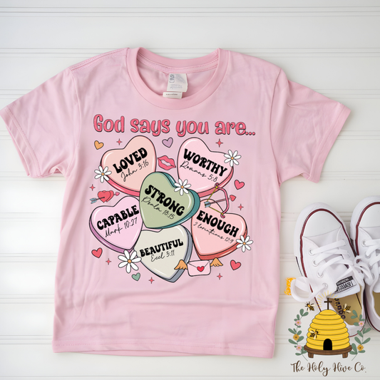 God Says Conversation Hearts Kids Graphic Shirt