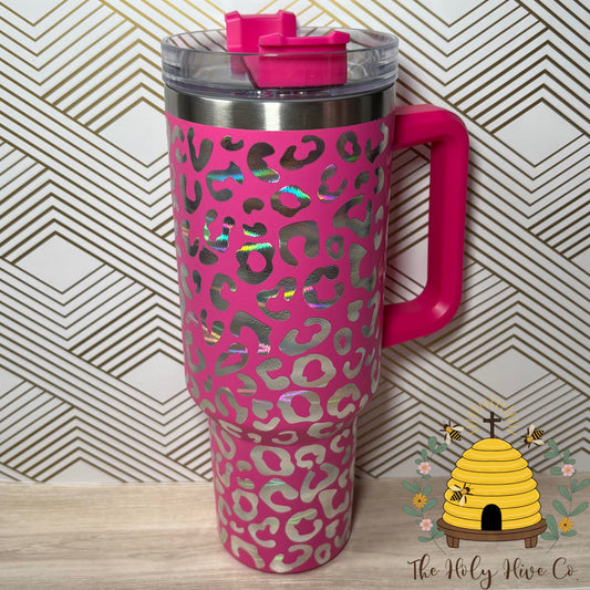 40oz Tumbler & 9 Stickers Bundle - Hot Pink Leopard