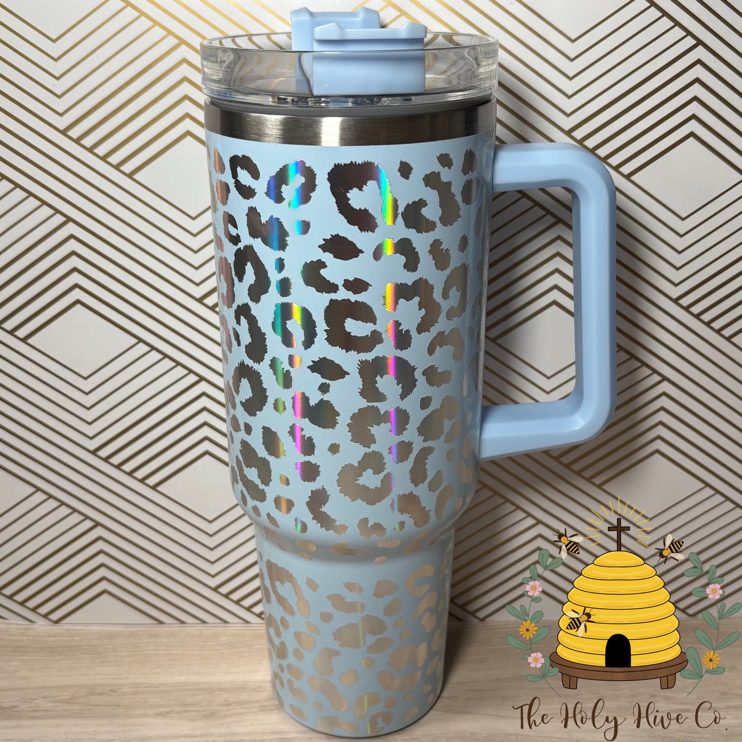 40oz Tumbler & 9 Stickers Bundle - Baby Blue Leopard