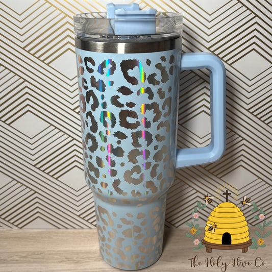40oz Tumbler & 9 Stickers Bundle - Baby Blue Leopard