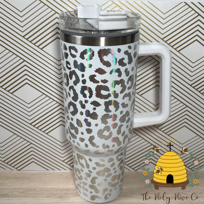40oz Tumbler & 9 Stickers Bundle - White Leopard